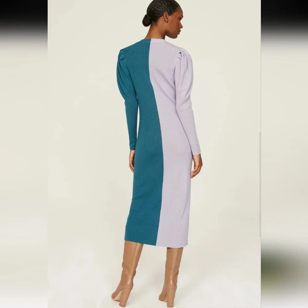 Busayo Colorblock Ribbed Purple Teal Midi Sweater Dress Size M